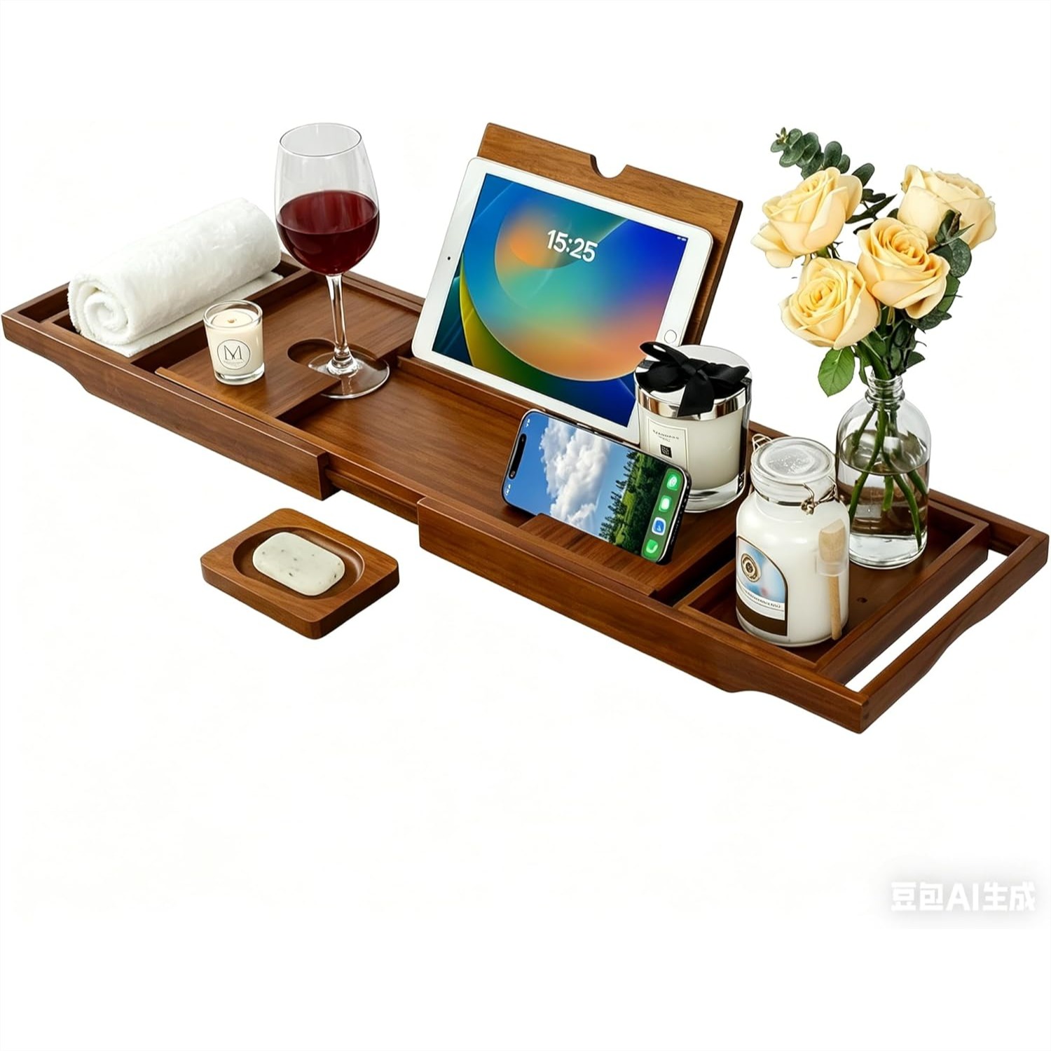 Teak Bathtub Caddy, Expandable - Bath Caddy Tray のレビューと価格