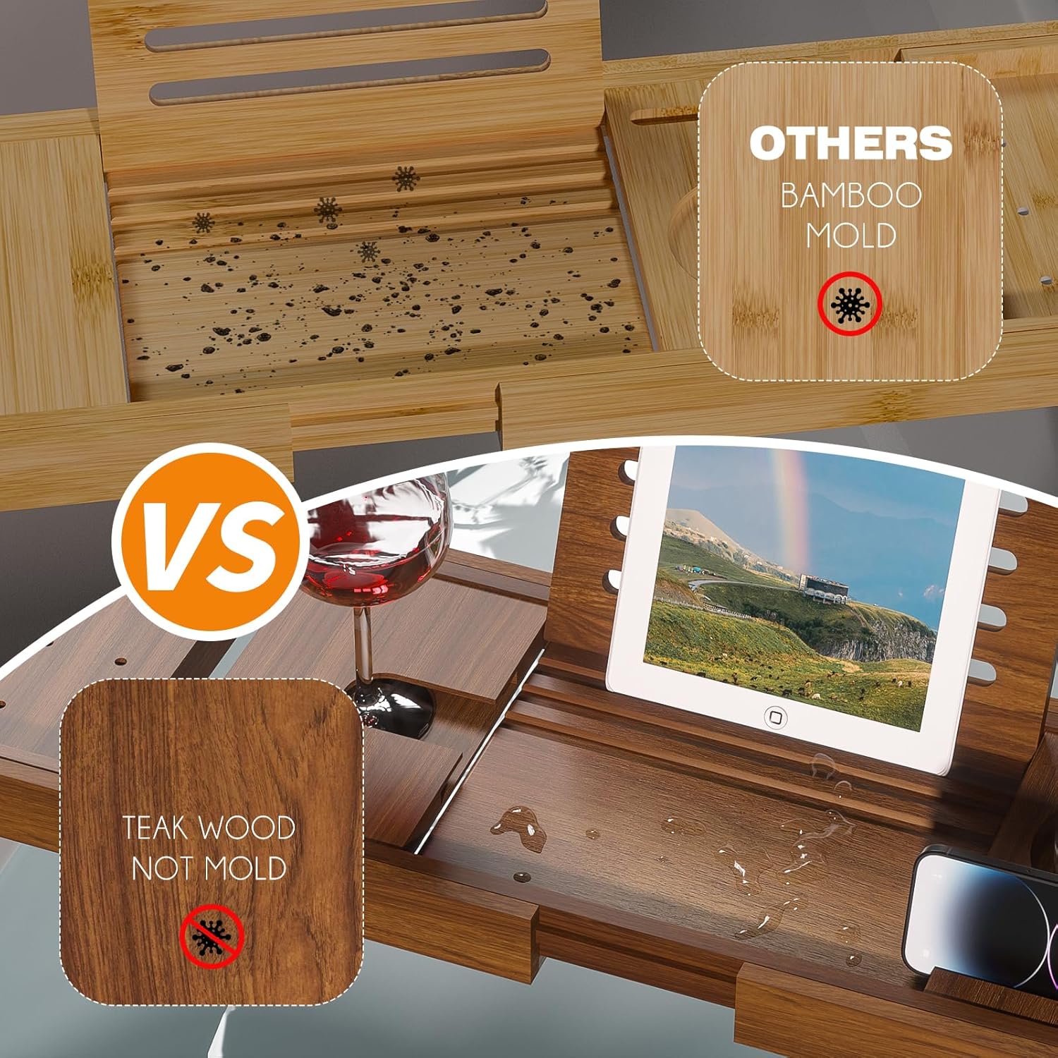 Teak Bathtub Caddy, Expandable - Bath Caddy Tray のレビューと価格