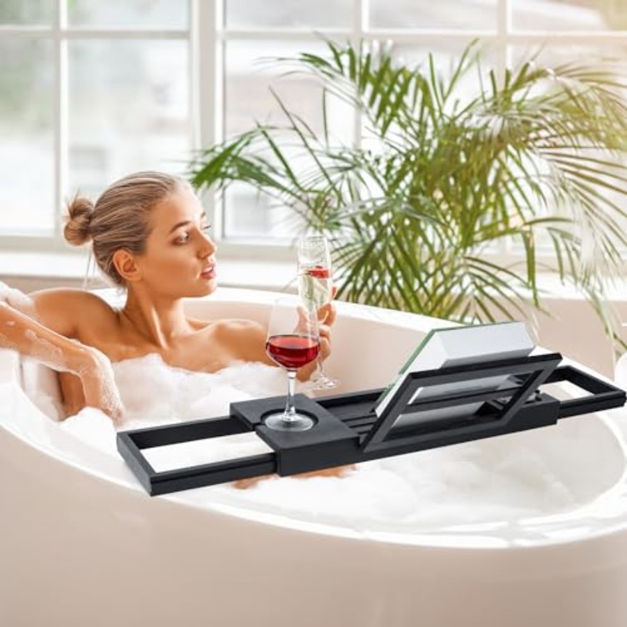 Bamboo Bathtub Tray Black Adju - Bath Caddy Tray のレビューと価格